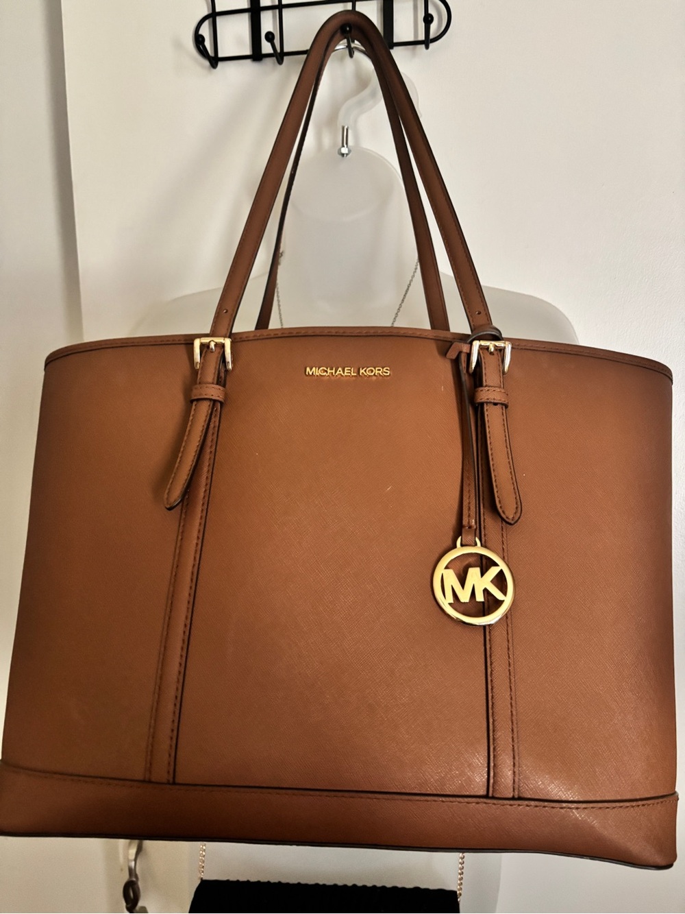 Michael Kors Brown Saffiano Leather Tote with Gold MK Charm